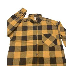Forever 21 Long Sleeve Mustard Yellow & Navy Button Down Plaid Shirt Size Small